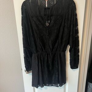 Free People Black Sheath V-Neck Long Sleeve Dress